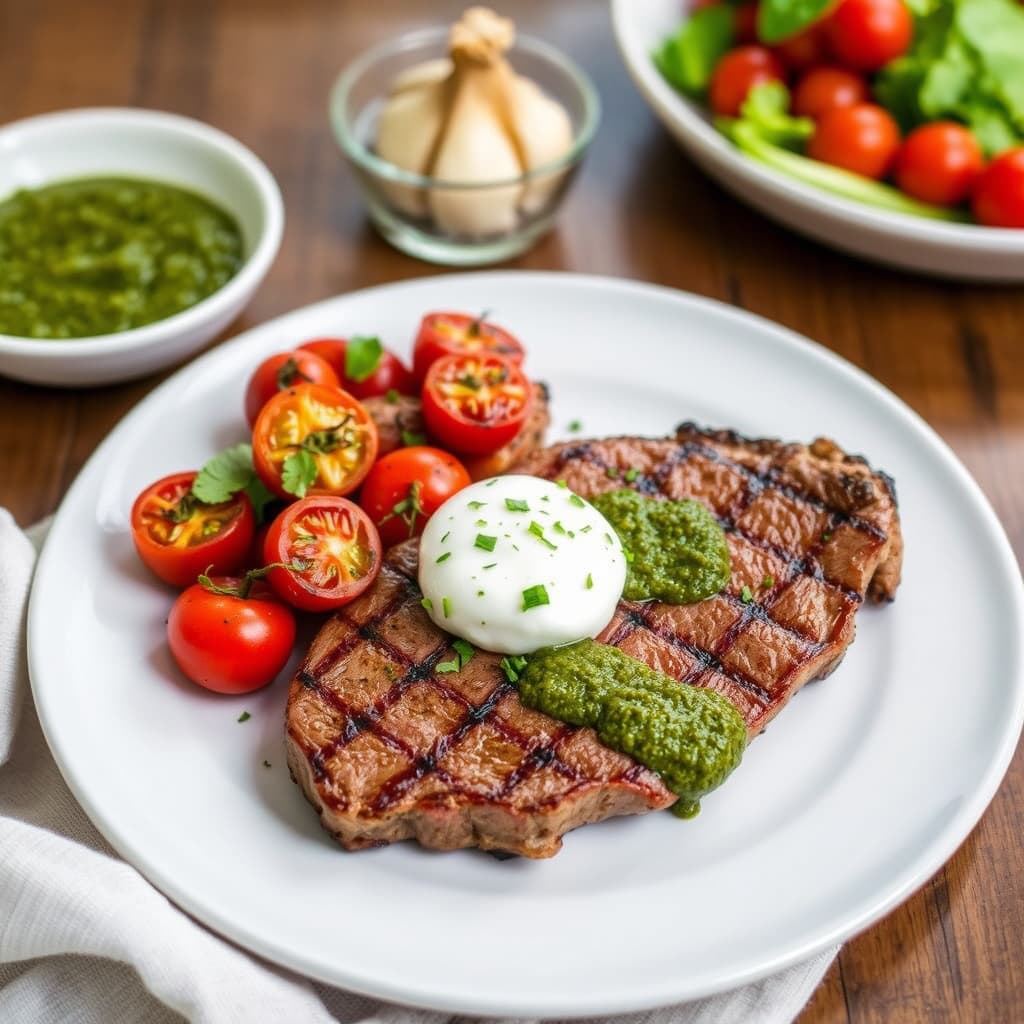 Tre Colore-pesto og grillet biff med raske ovnsbakte tomater og hvitløk