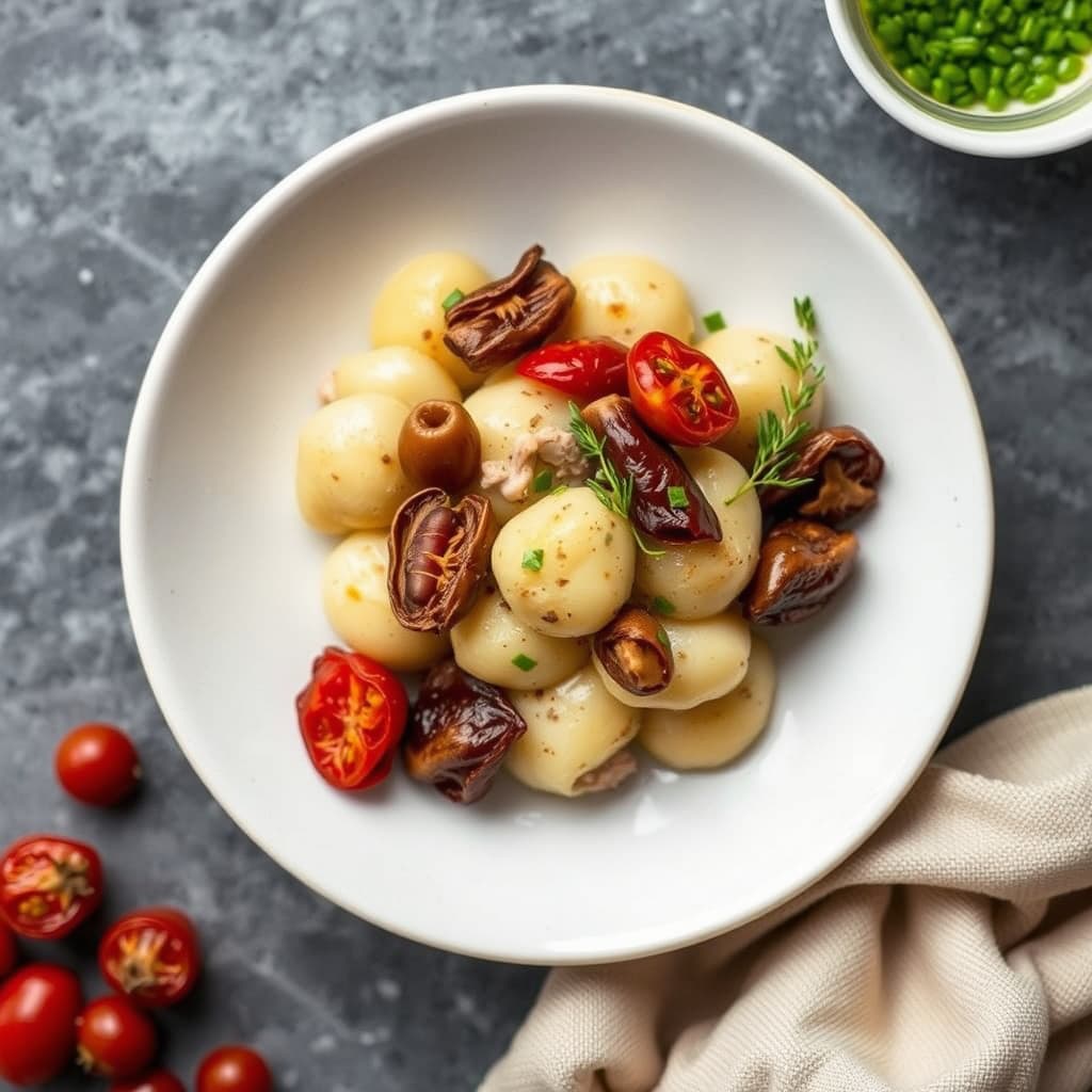 Tre løkgnocchi, baby shiitake, porcini-smør med daikonspirer og ovnsstekte tomater