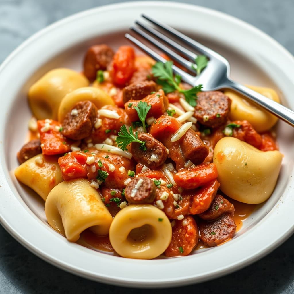 Tre oster tortellini med pølse, fennikel og tomatsaus med krem