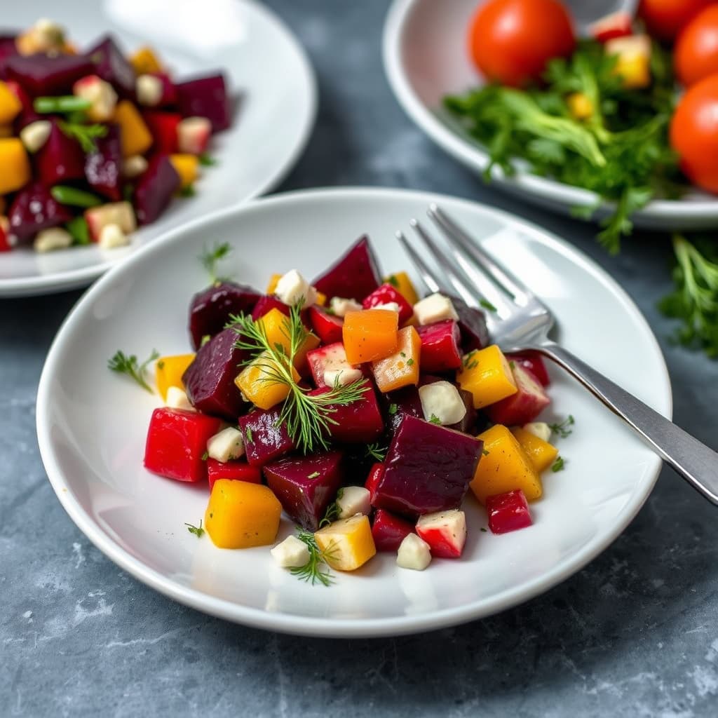 Trefarget ovnsbakt rødbetsalat med dill