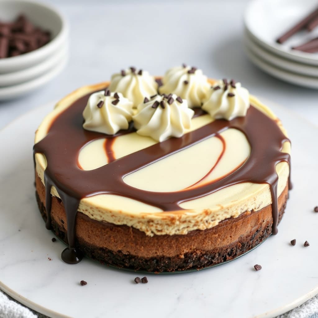 Trefarget sjokolade- og vaniljekake med ostekrem