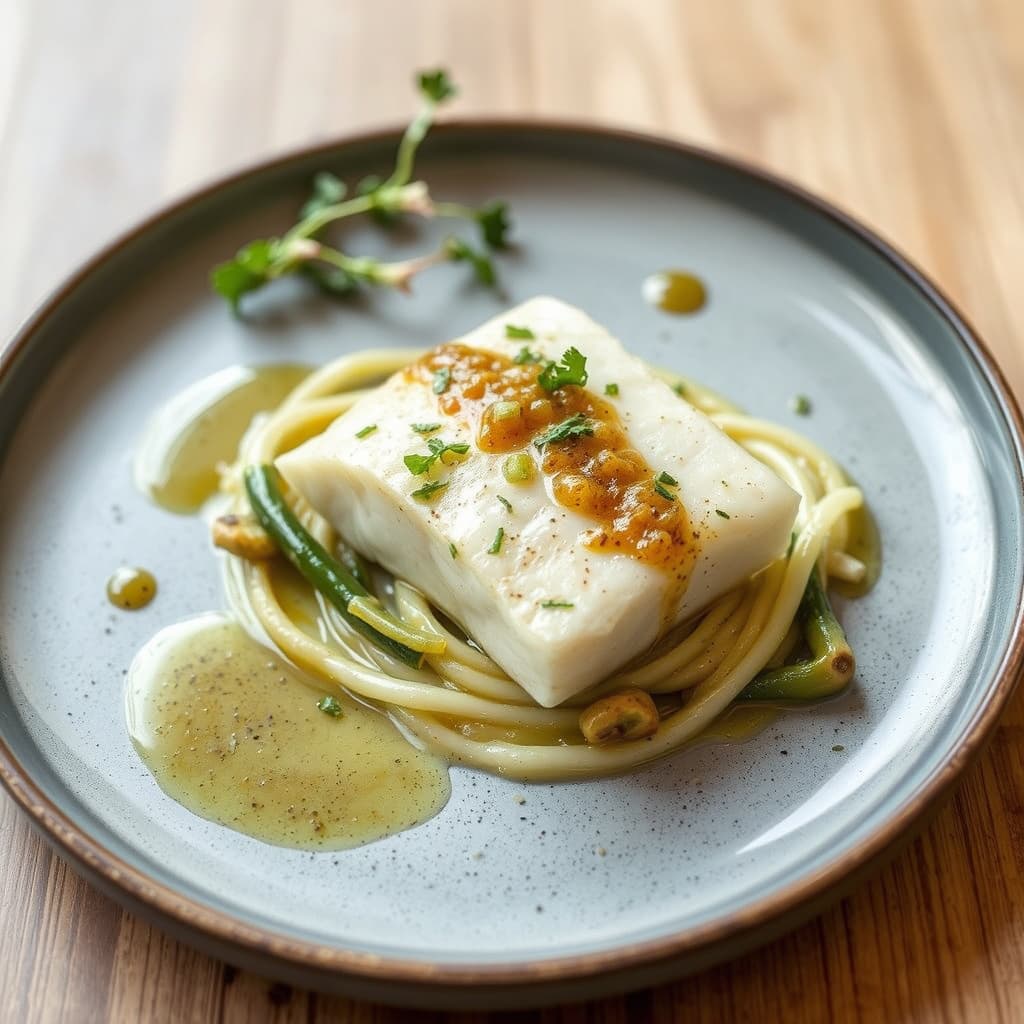 Trøffel-dampet kveite med smeltede purre og trøffelvinaigrette