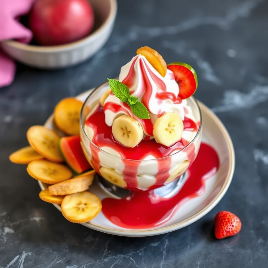 Tropisk sundae med guavacoulis og bananchips