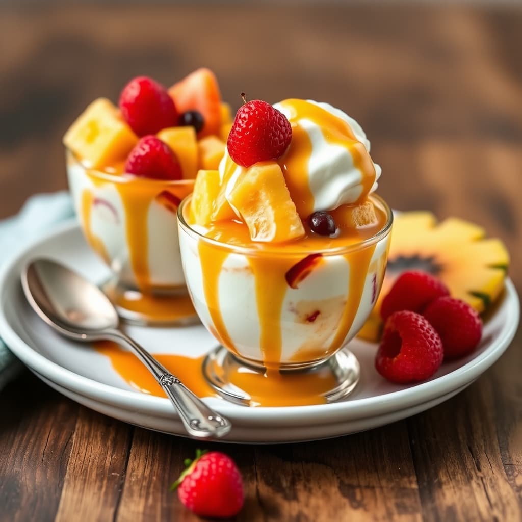 Tropiske frukt-sundaes med ananas-romsaus