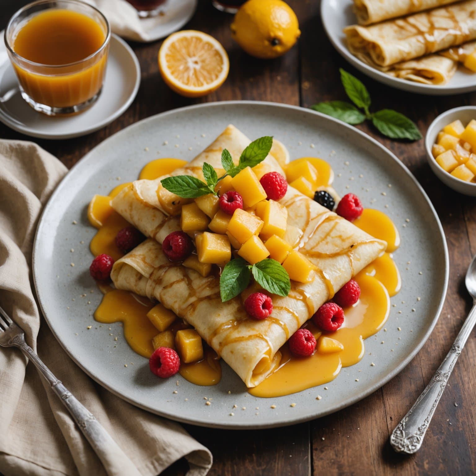 Tropiske fruktkreper med vaniljebønne og romsmørsaus