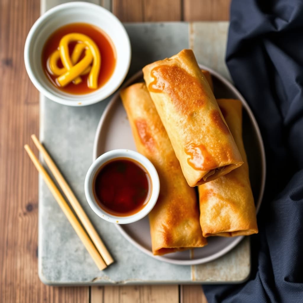 Tsai-familien eggruller med søt og sur saus og krydret sennep