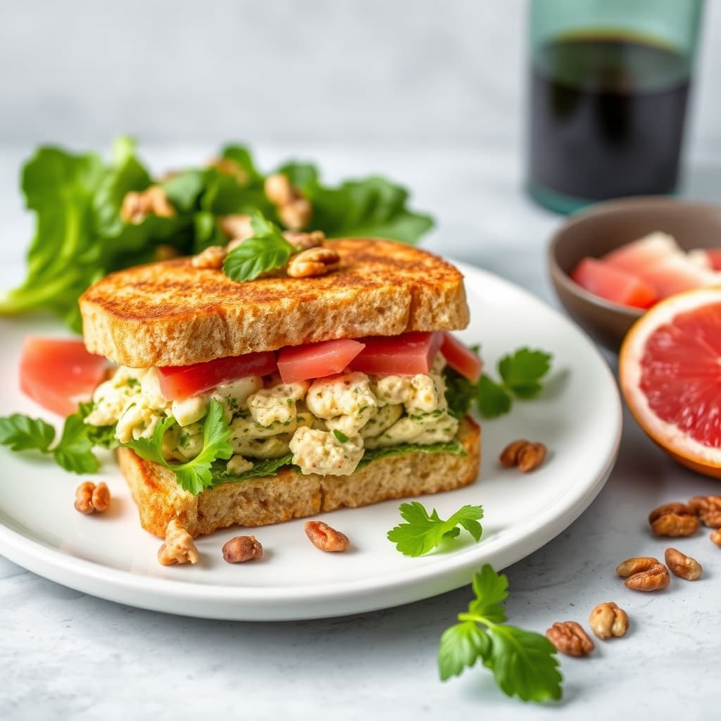 Tuna-pestomelt på rugbrød med romainesalat, kandiserte valnøtter og grapefrukt