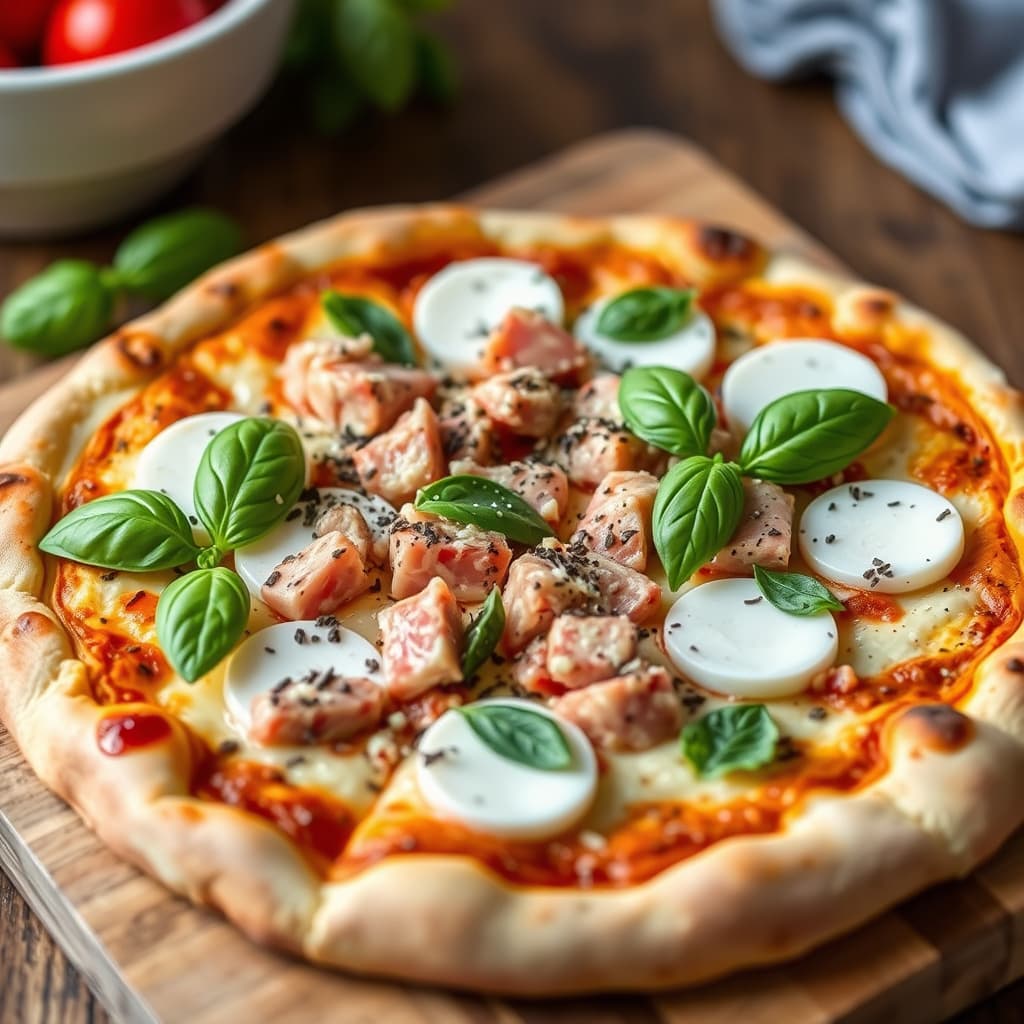 Tunfisk, fersk mozzarella og basilikumpizza