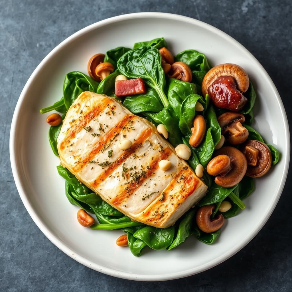 Tunfisk Milanese med visnet spinat, prosciutto, sopp og pinjekjerner