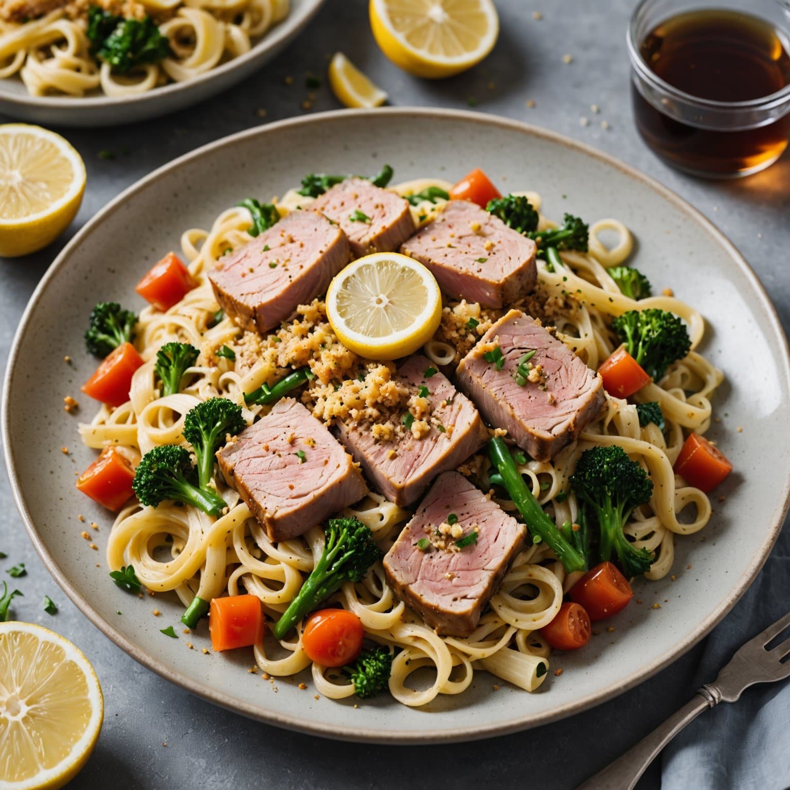 Tunfisk- og grønnsaksfettuccine med sitronbrødsmuler
