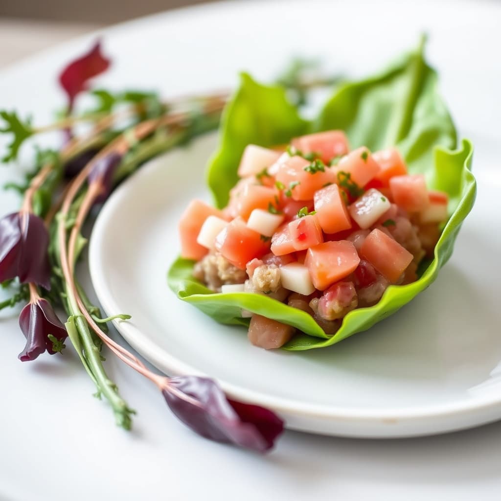 Tunfisk- og laksesashimi med endivblad