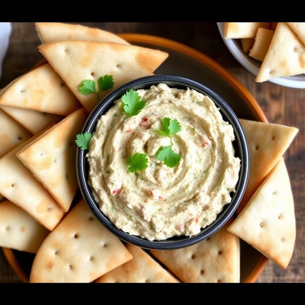 Tunfisk- og pepperrot-dip med pitabrød i trekantformer