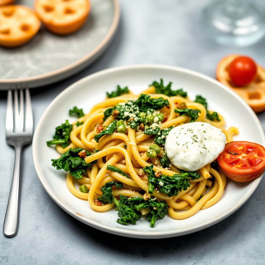 Tuscanpesto-dresset penne med sprøkål med hvitløk og gratinerte tomatcrostini