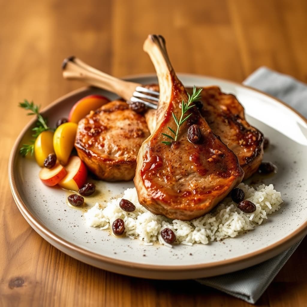 Tykke svinekammer med krydrede epler og rosiner