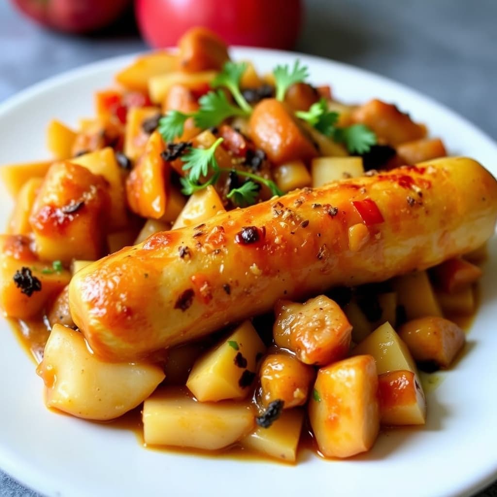 Tysk-inspirert pølse- og eplegrateng