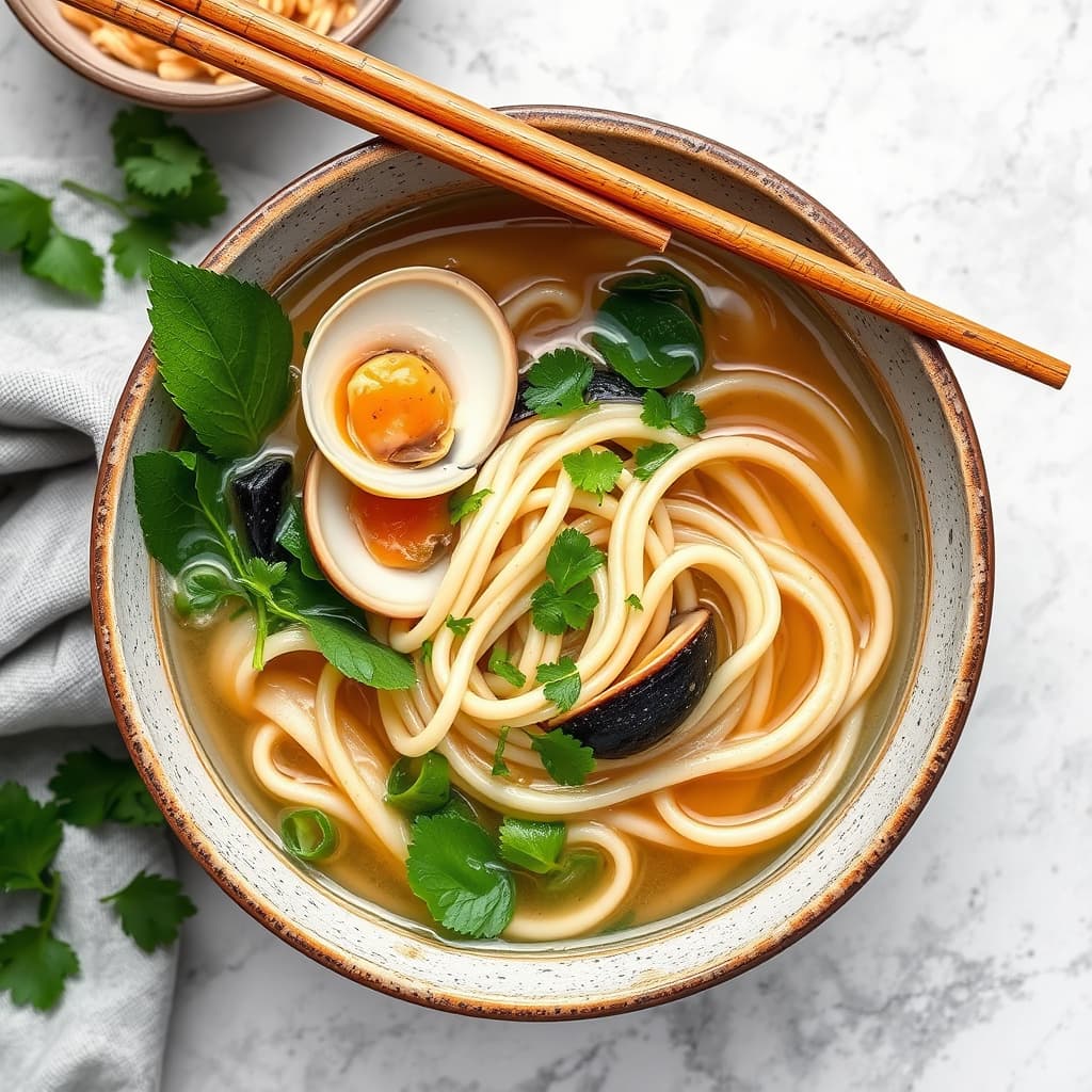 Udon-nudler med sitrongress- og clam-suppe