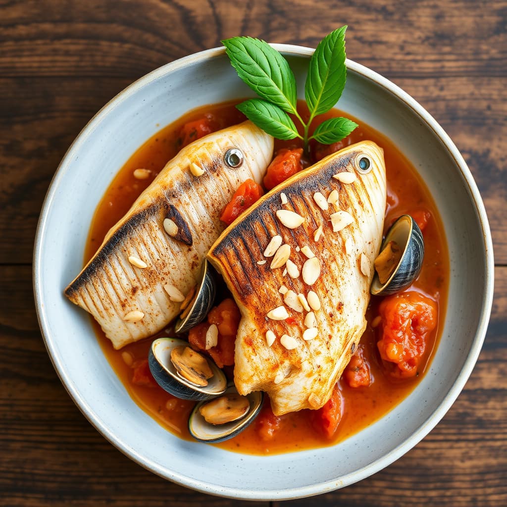 Ulvefisk og småkamskjell i mandel- og tomatsaus