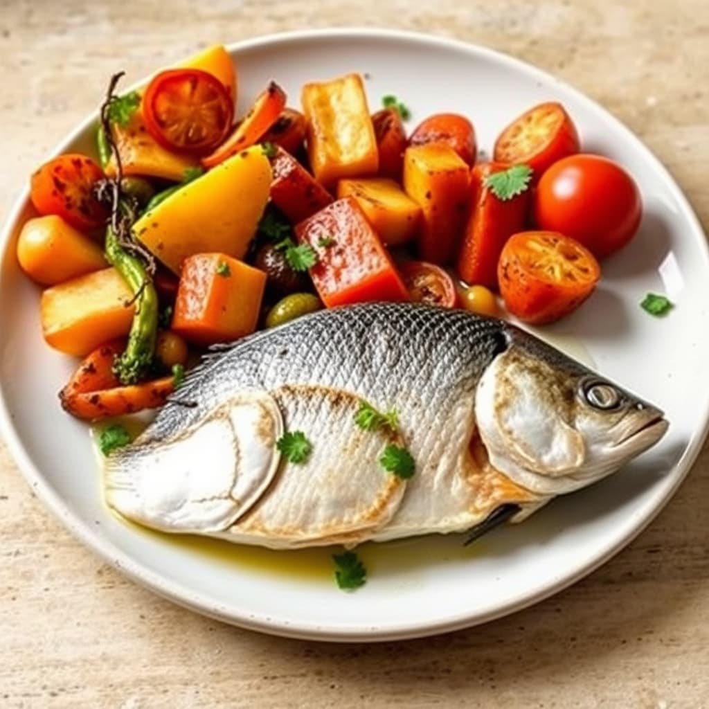 Urte- og grønnsaksrett: Rødbandbream med grønnsaker fra den nye verden