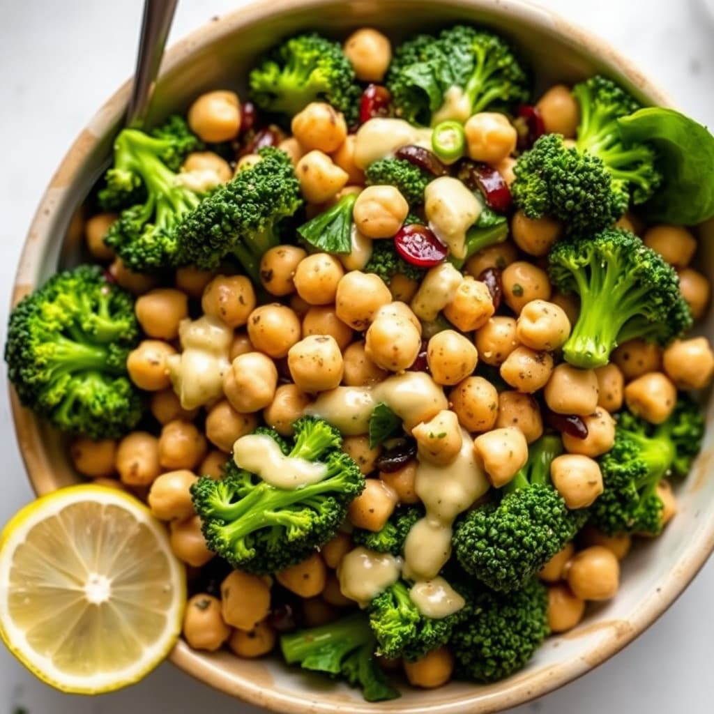 Urte- og kikertersalat med brokkoli og tahini-sitron dressing