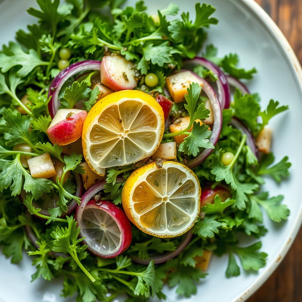 Urtesalat med sylte rødløk og konservert sitron