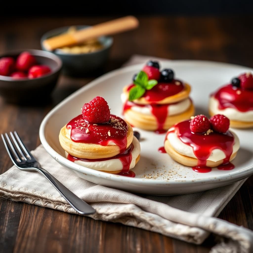 Vacherins med bringebærsorbet og blandet bær- og kardemomsaus