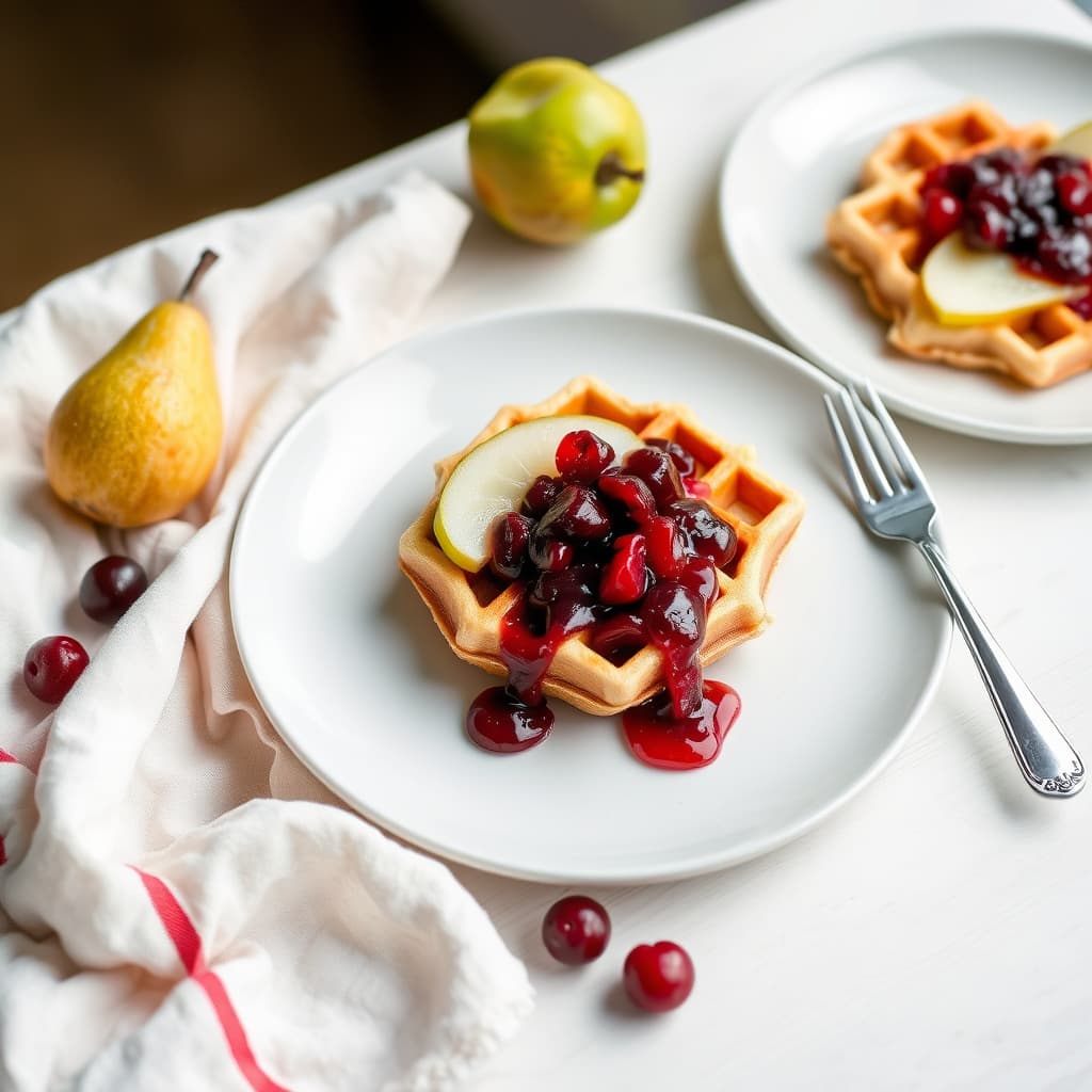 Vafler med pære- og kirsebærkompott