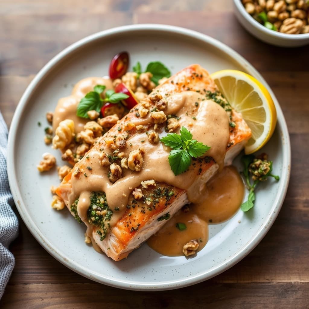 Valnøtt- og urtestekt laks med krydret tahinisaus