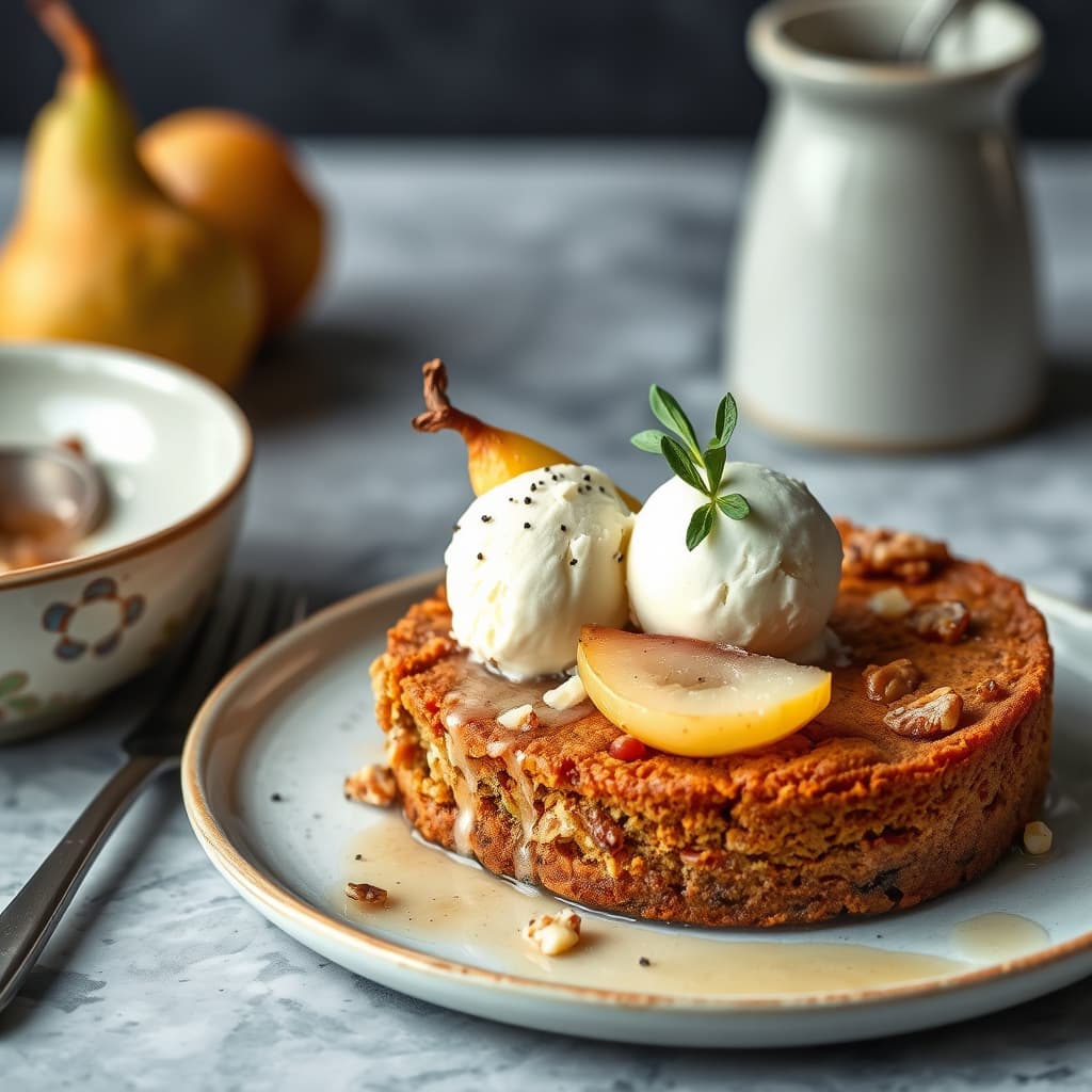 Valnøttkake med sauterte pærer, pecorino og is laget av svart pepper