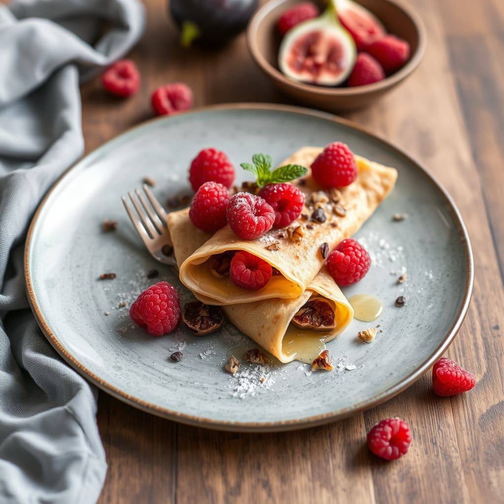 Valnøttkrep med bringebær og tørkede fiken