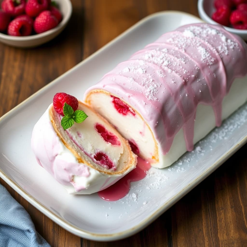 Vanilje- og bringebærsorbet bombe