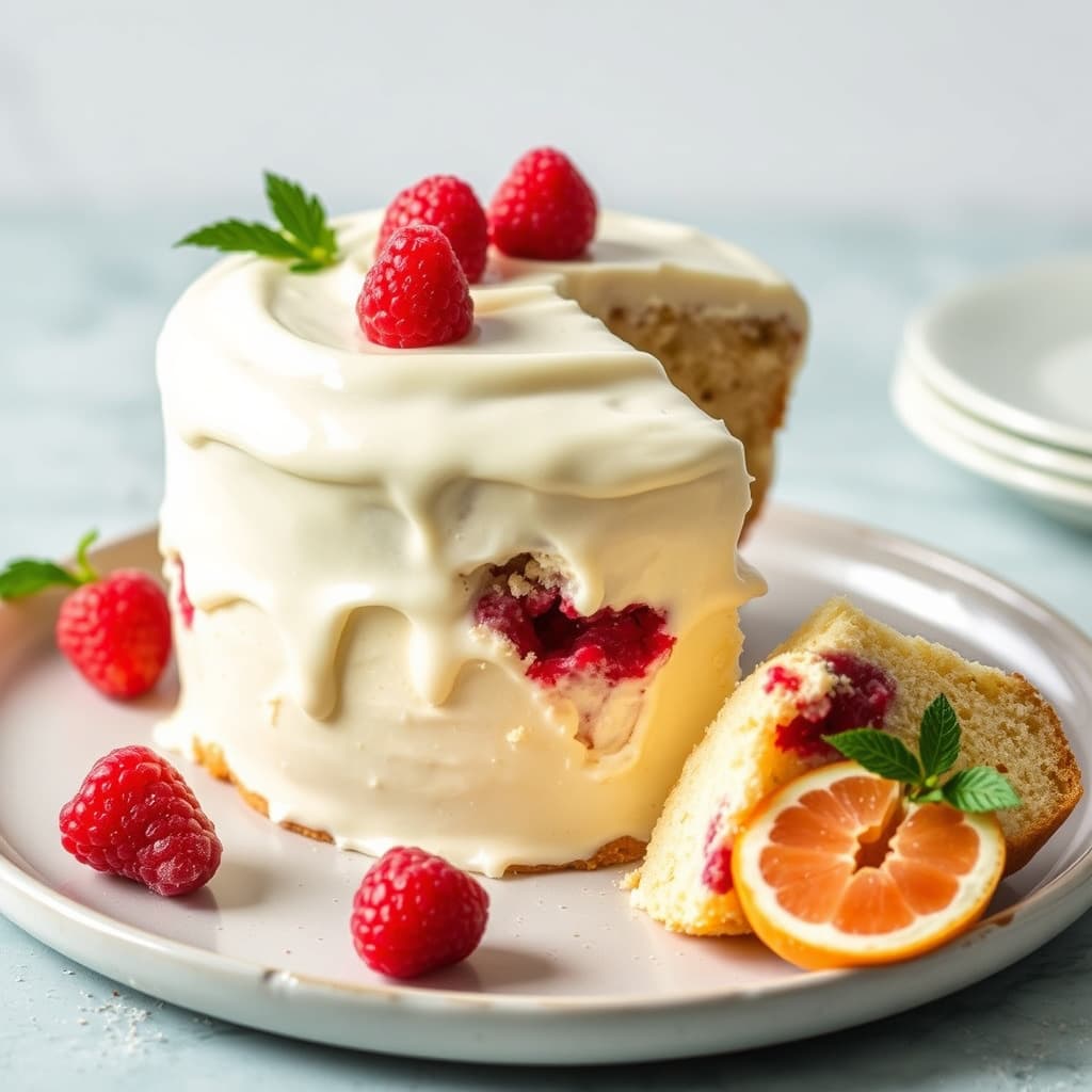 Vanilje- og kulturmelkskake med bringebær og appelsin-ostekremfrosting