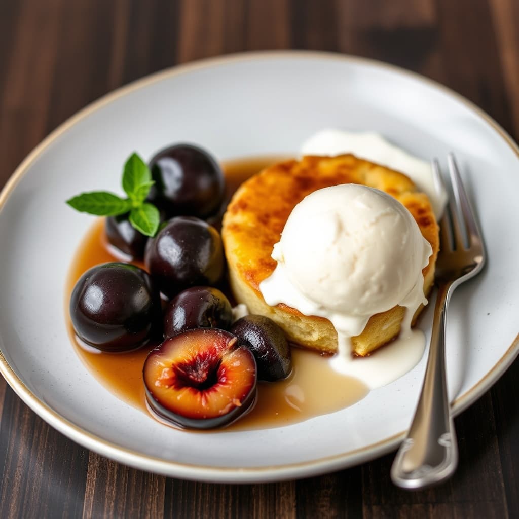 Vaniljebakte svarte plommer med ristet sitronkake og ingefæriskrem