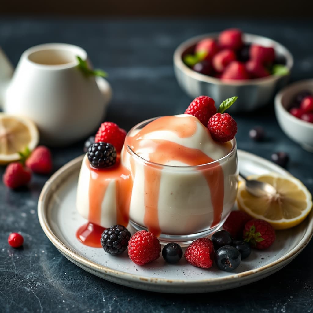 Vaniljeekstrakt-kulfi med bringebær- og sitronverbena-sirup og bær