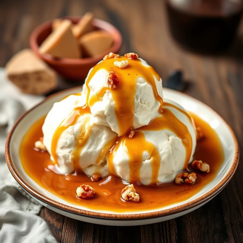 Vaniljeis med lønnesirup- og valnøttsaus