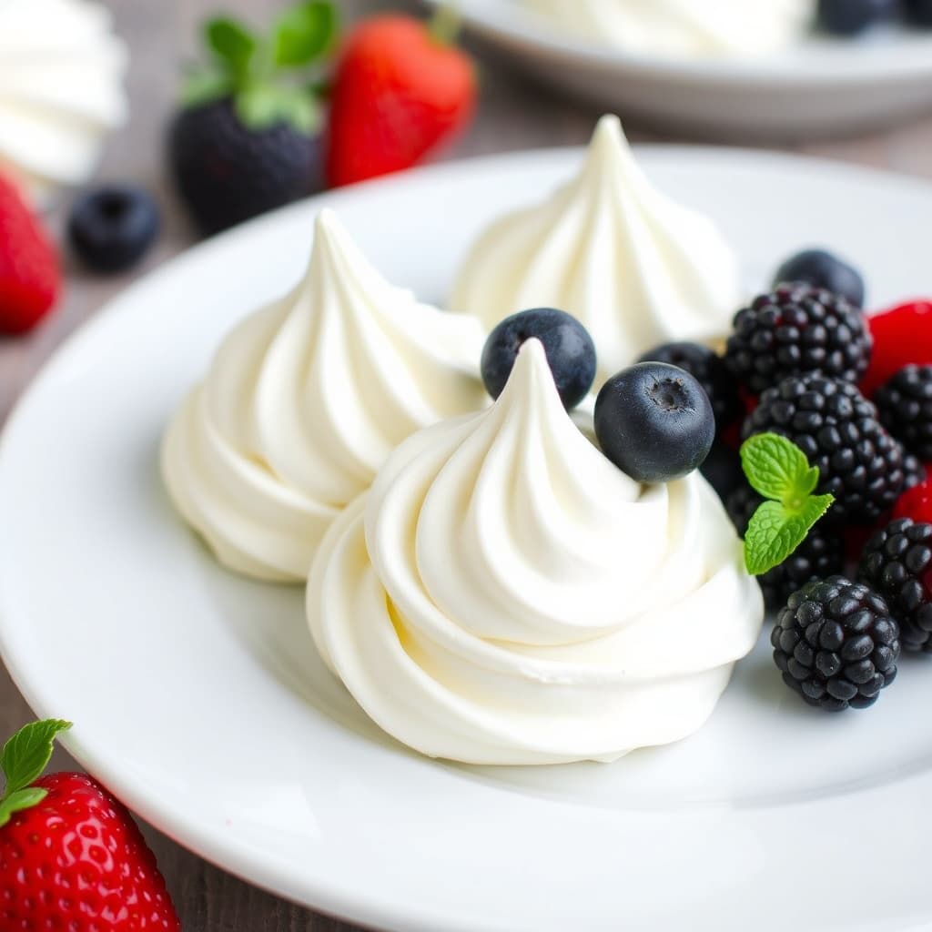 Vaniljemousse, marengs og ferske bær