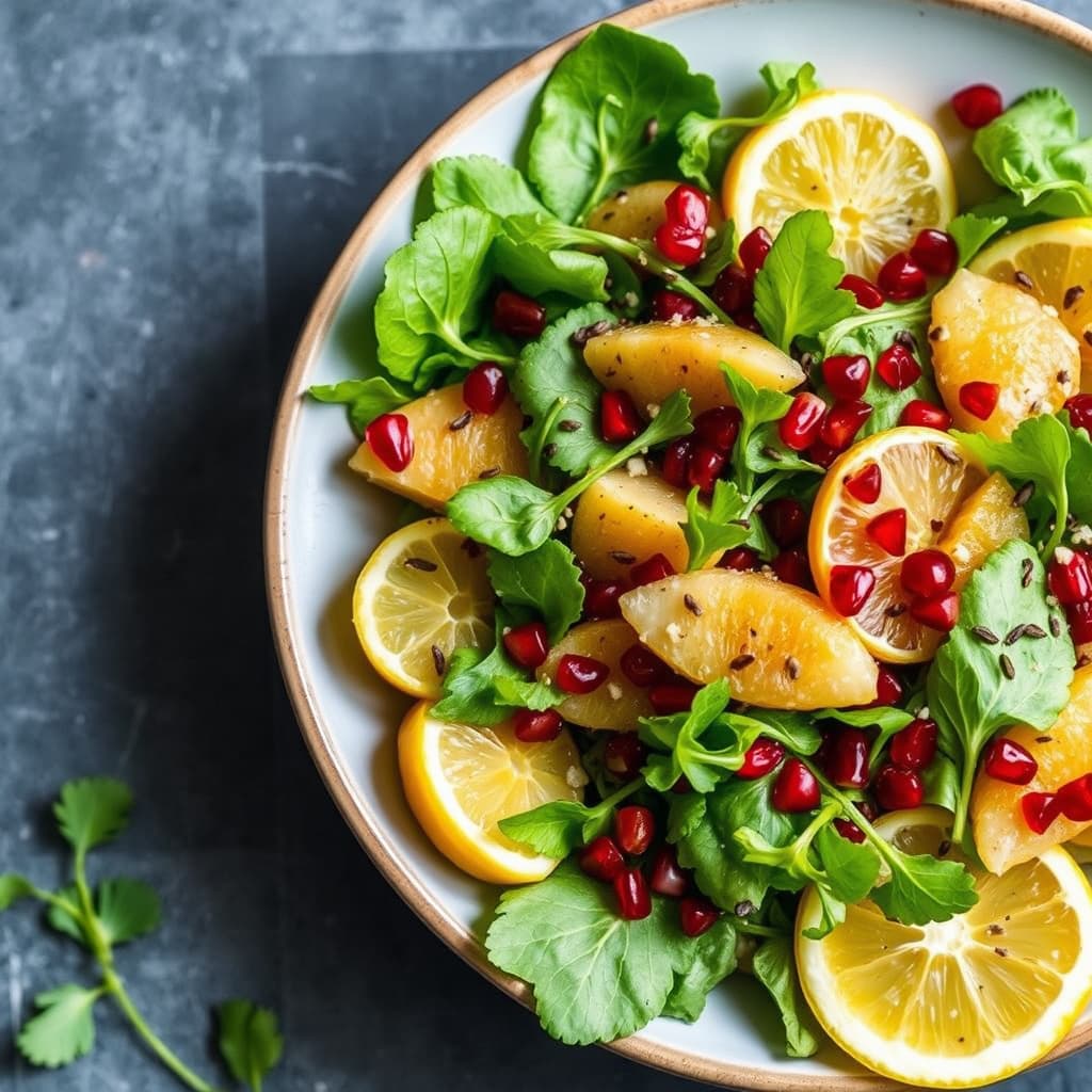 Vannkresse- og sitrussalat med granateple- og valmuefrødressing