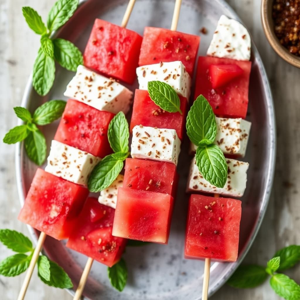 Vannmelon-, feta- og myntespyd med sumak