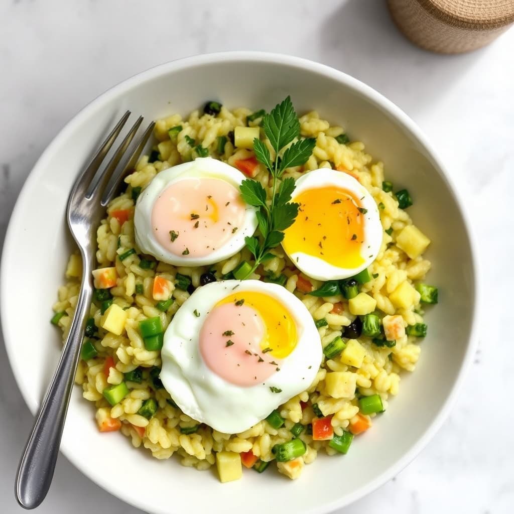 Vårens grønnsaksrisotto med posjerte egg