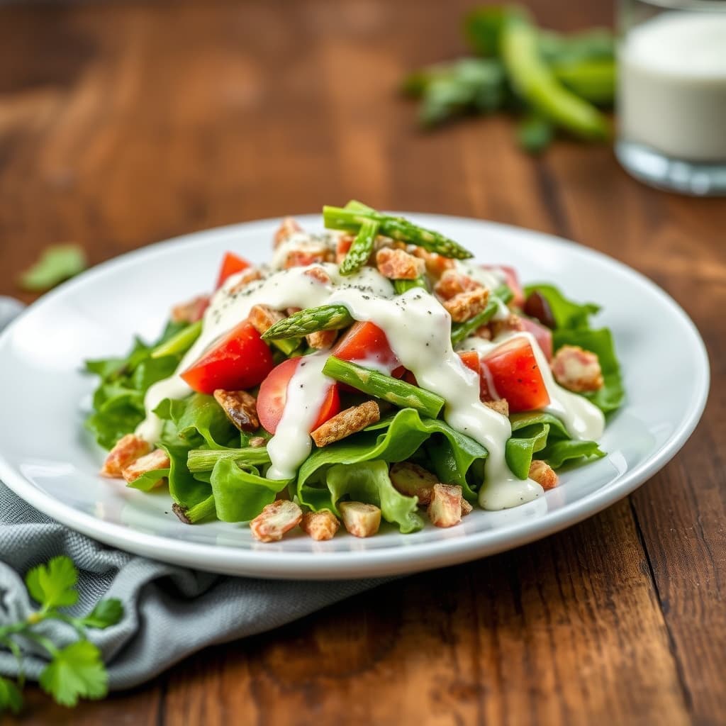 Vårens lagdelte salat med asparges og kulturmelk-dressing