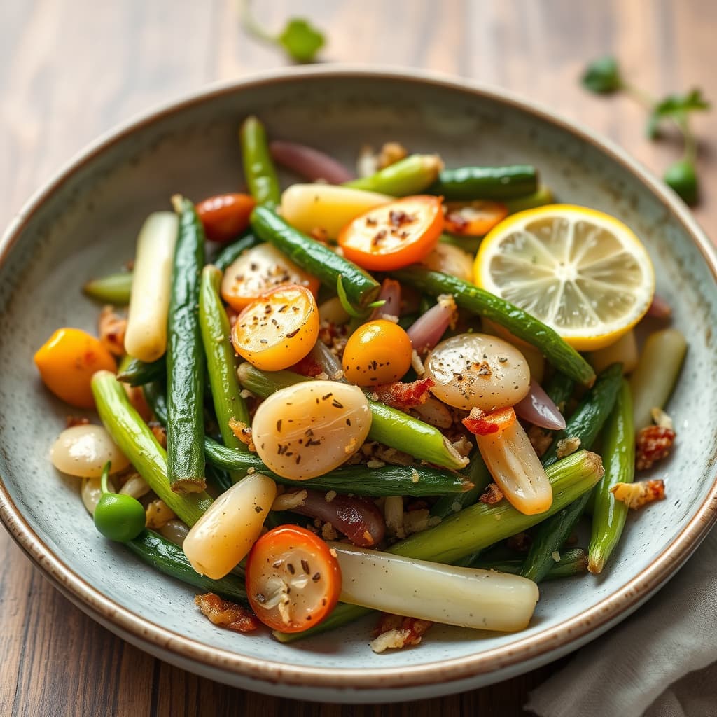 Vårgrønnsaker med sjalottløk og sitron