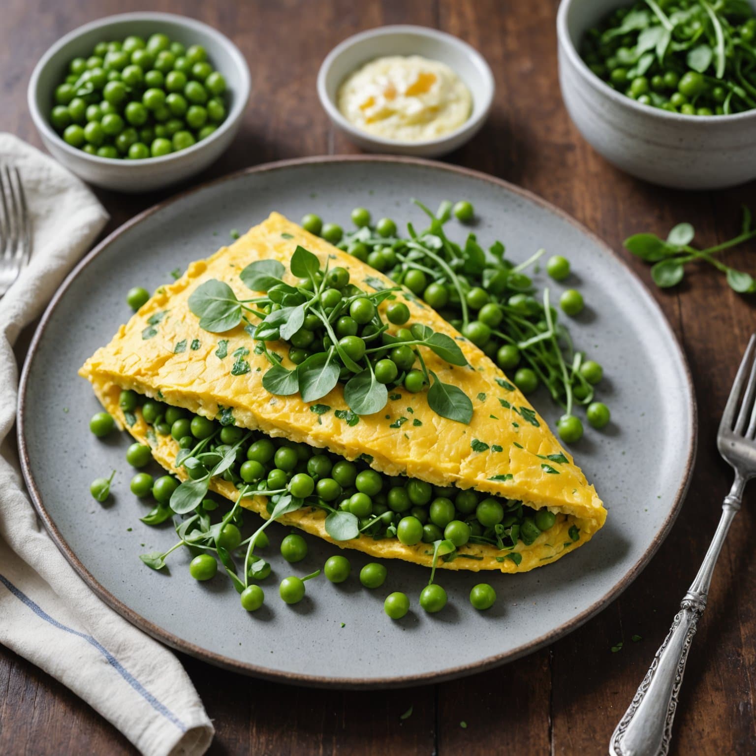 Vårløk og erteomelett med erter og erteskudd