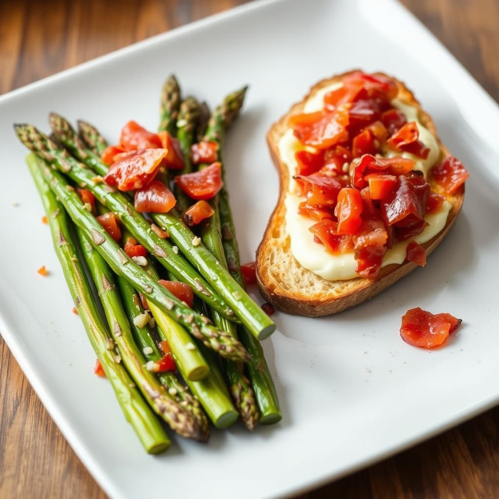 Varm asparges- og bacon-toast med rød pepper- og sjalottvinaigrette