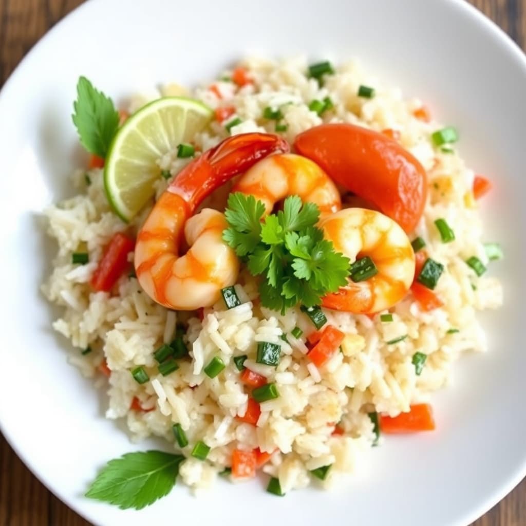 Varm jasminrisalat med reker og thailandske urter