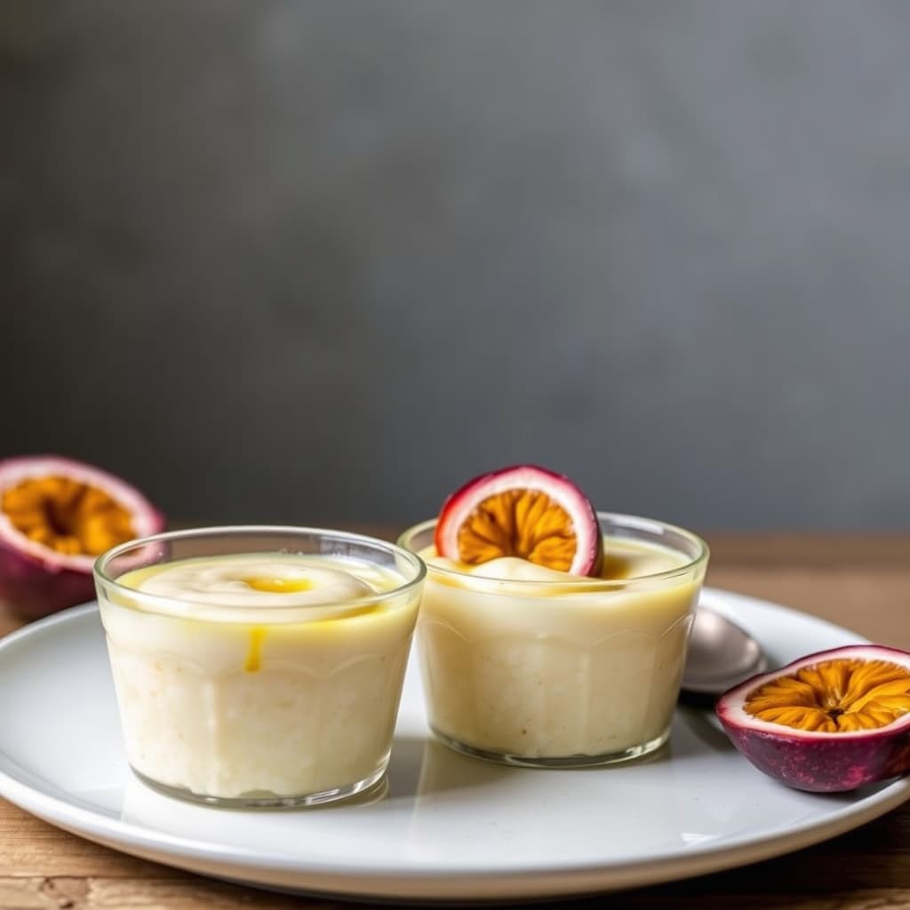Varm jasminrispudding med pasjonsfrukt