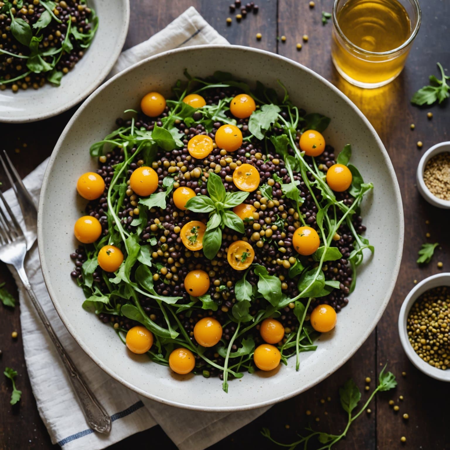 Varm linsesalat med sennepsvinaigrette