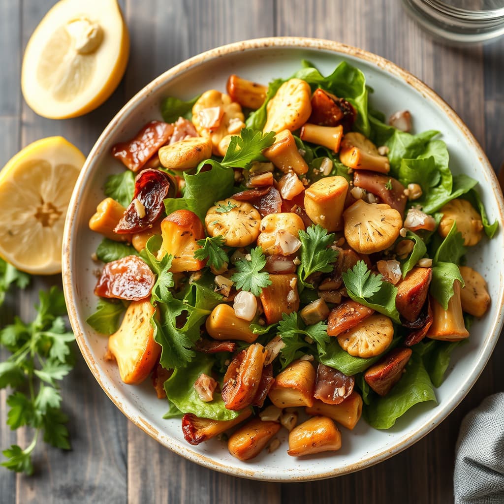 Varm sopp- og pancettasalat