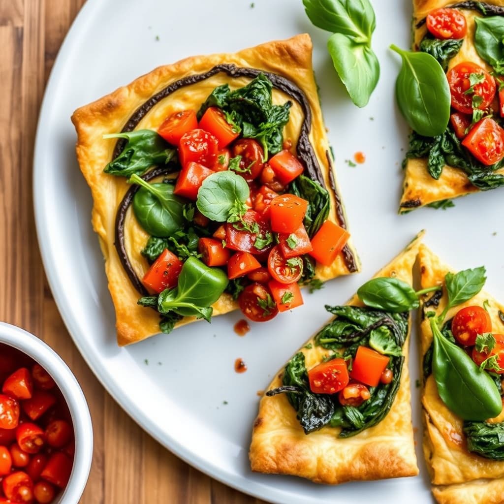 Varm spinat- og portobellotart med ovnsbakte tomater og vinaigrette