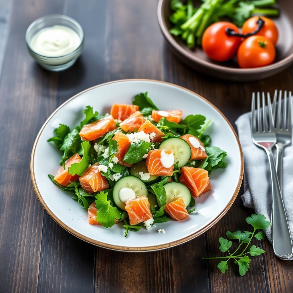 Vårsalat med vannkress og røkelaks, servert med kremete agurker