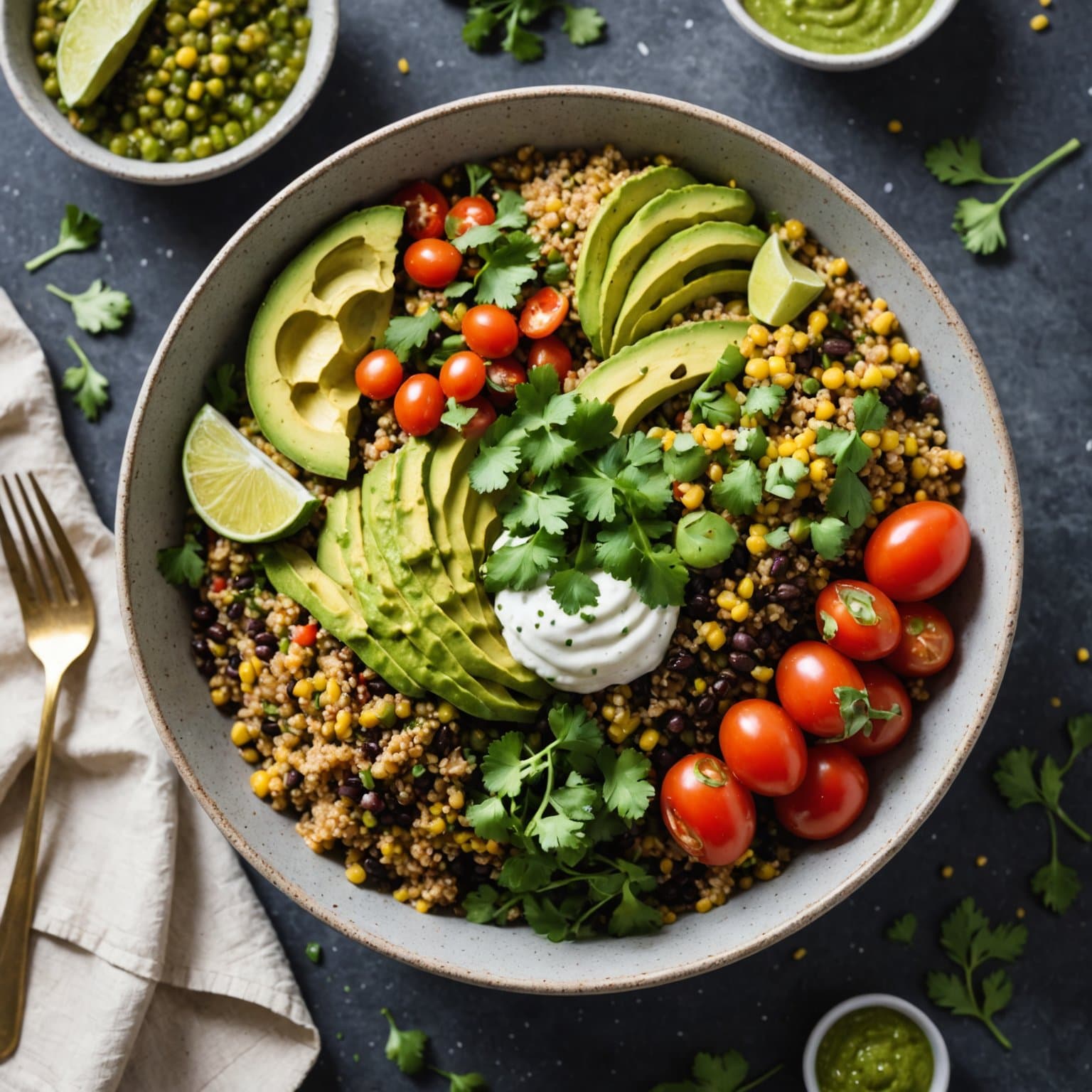 Vegansk meksikansk quinoa-bolle med grønn chilikoriander-saus