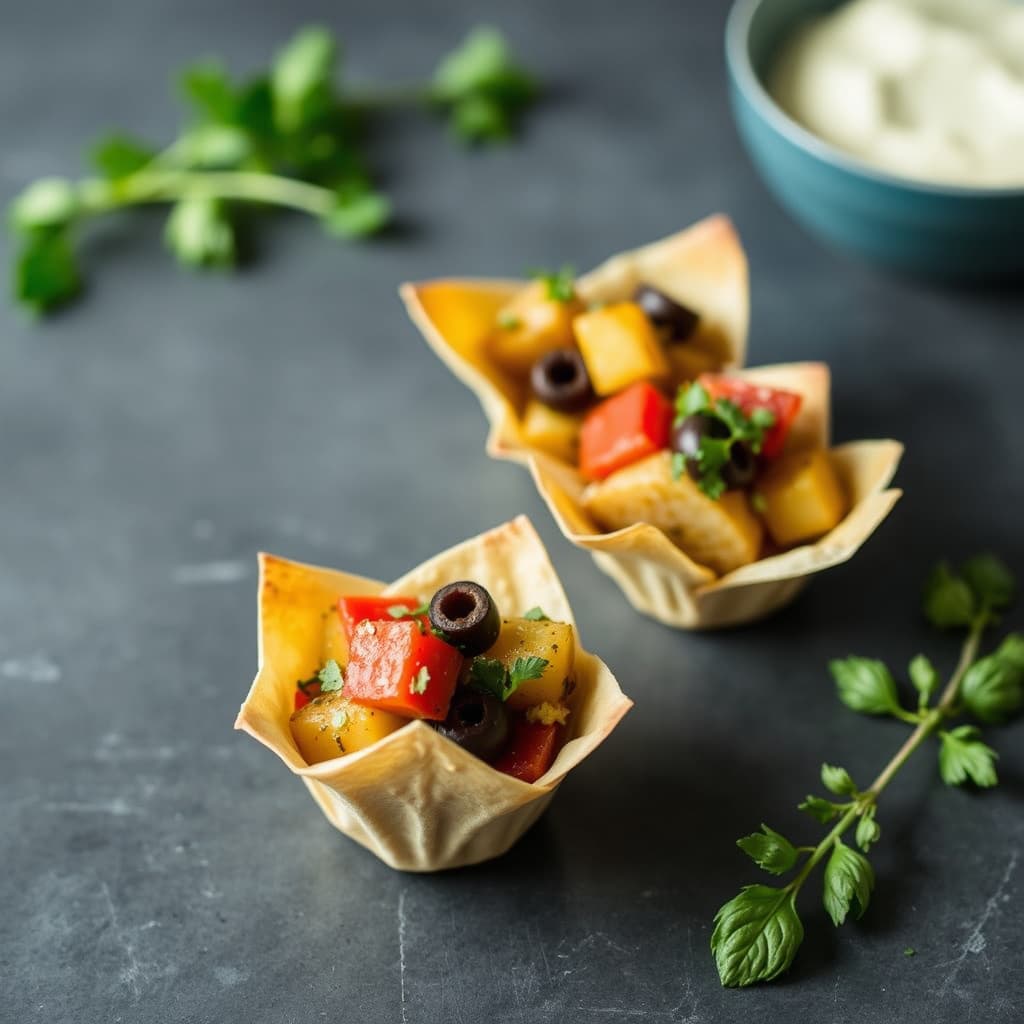 Veganske potet-, pepper- og olivenyster med filodeig